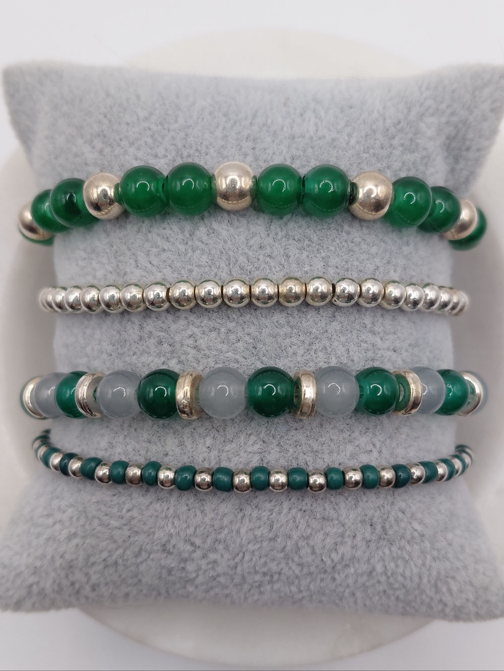 -Green & Silver-Stackable Bracelet Set X 4          Trendy Layered Jewelry